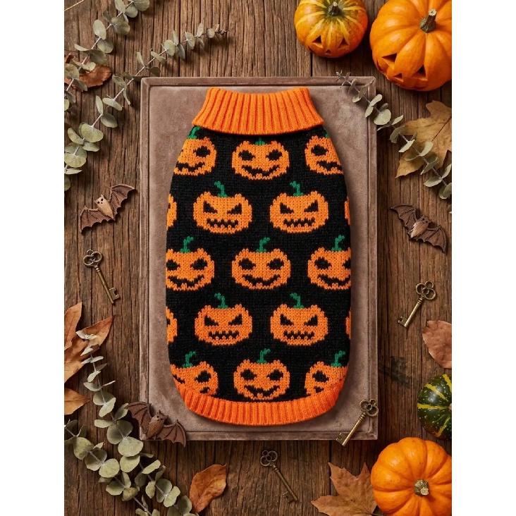 1pc Pumpkin Face Printed Pet Sweater Small And Medium Sized Dog Halloween Ghost Festival Color Blocked Warm Knitted Sweater Pet Clothing