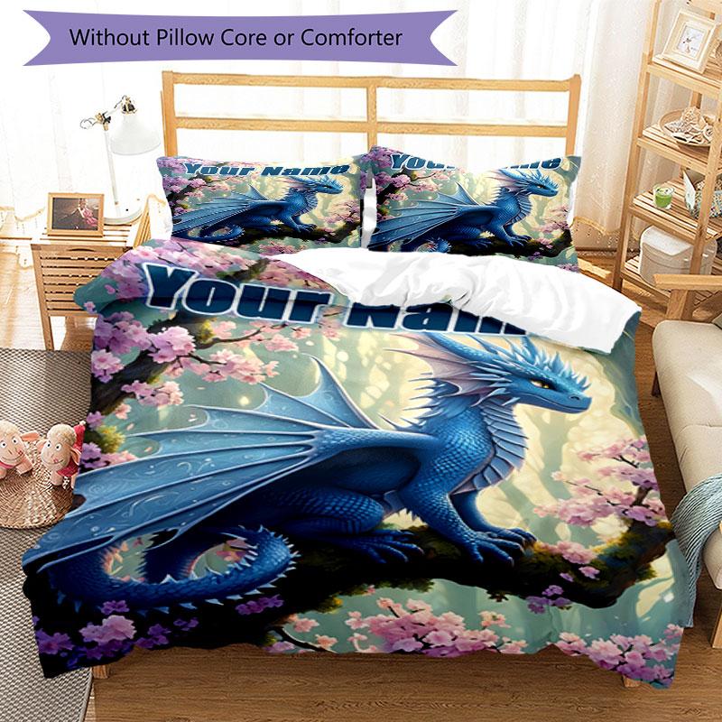 3PC Custom Name Blue Dragon Fantasy Art Bedding Set Duvet Cover Closure Includes 1 Duvet Cover & 2 Pillowcases for Bedroom