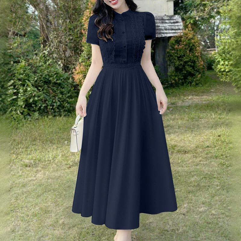 

ZANZEA Женское повседневное длинное платье с круглым вырезом, короткими рукавами и кружевной отделкой 3XL темно-синий