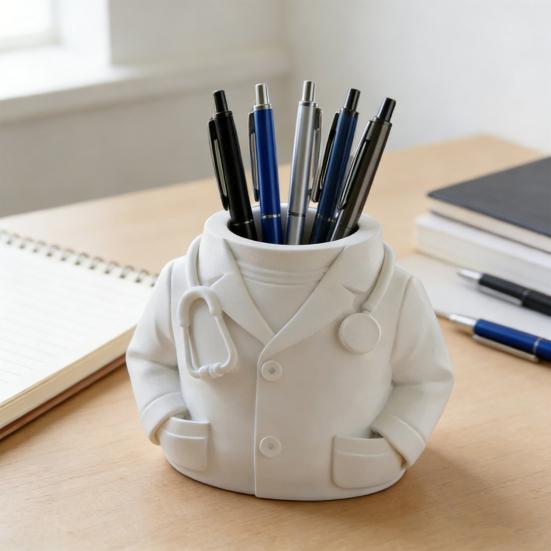 Pen Holder Lab Coat-Inspired Desktop Organizer with Miniature Stethoscope Medical-Themed Multi-Compartment Desk Organizer
