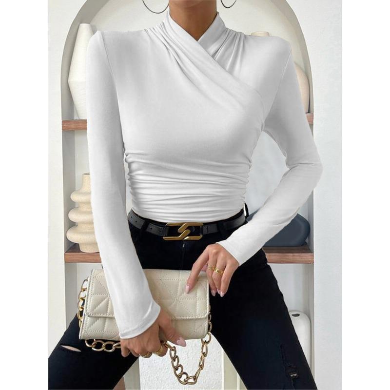 

Pullover autumn and winter new design sense cross-neck long-sleeved slim-fit all-match solid color pleated T-shirt AL262 S белый