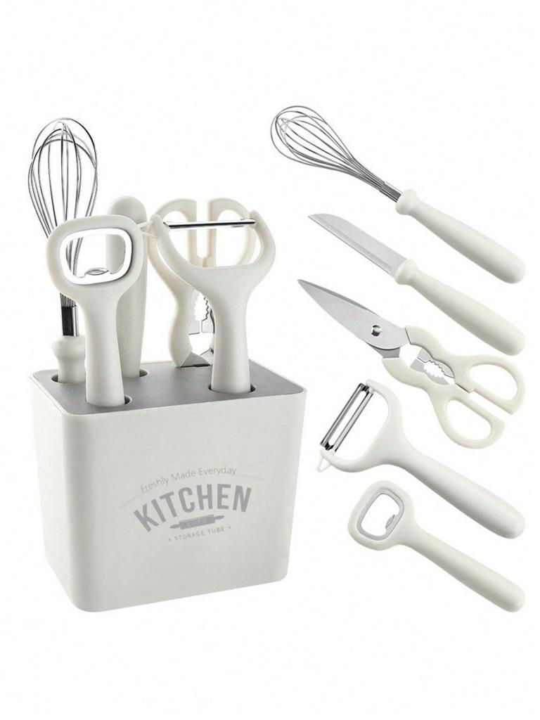 A 6-piece Kitchen Tool Fruit Slicer Set with Storage Holder, Melon Planer, Scissors, Bottle Opener, and Egg Beater Set