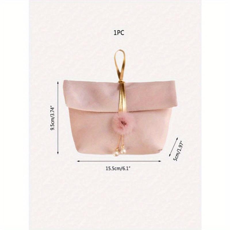 1 Stück 5cm*15.5cm*9.5cm Dekorative Geschenktasche mit Kunstperle und Pompon, Schmuckaufbewahrungstasche, Kosmetik-Reisetasche, Rosa Polyester Geschenkverpackungstasche