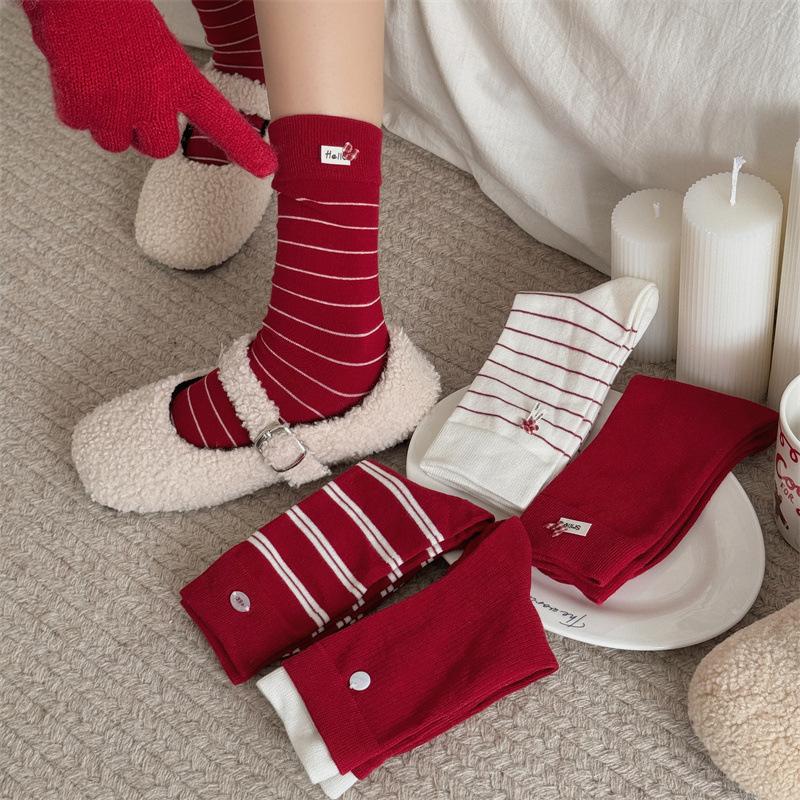 Red Socks for Women's Autumn and Winter Cotton Socks, Cute and Trendy New Year Long Socks