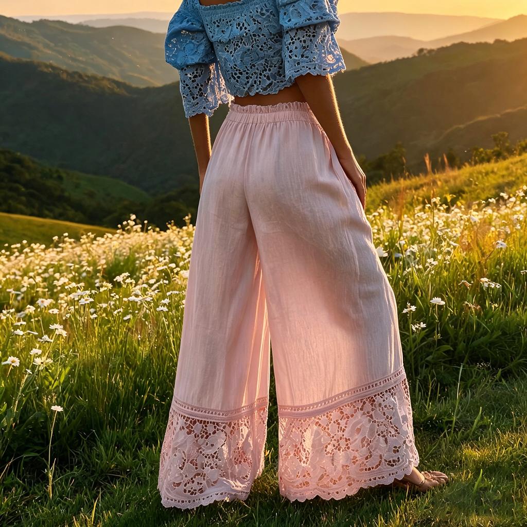 Women's Fashion Color Loose Linen Feel Wide Leg Pants with Lace Trim, Casual Trousers