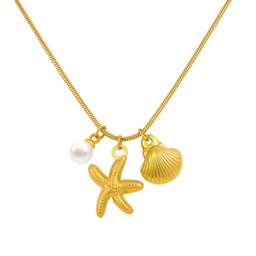 Chic Starfish Shell Necklace for Women,Gold Color Marine Style Stainless Steel Round Snake Chain Necklaces,Trendy Jewelry Gift