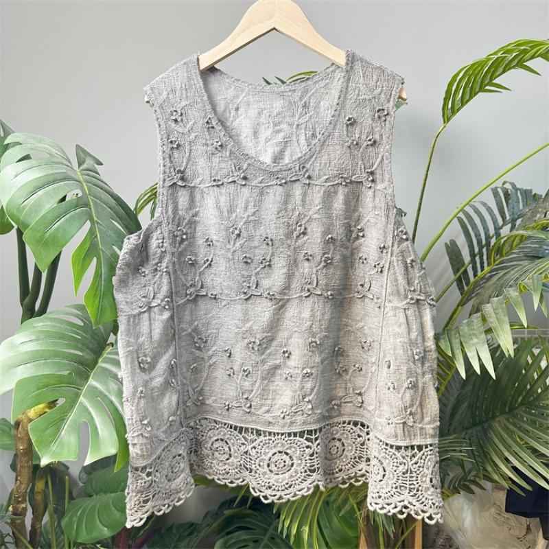 Embroidery, Embroidery, Cotton Embroidered Vest Top Women's Crew Neck Pullover Hollow Knitted Lace Sleeveless Bottom Solid Color T-Shirt