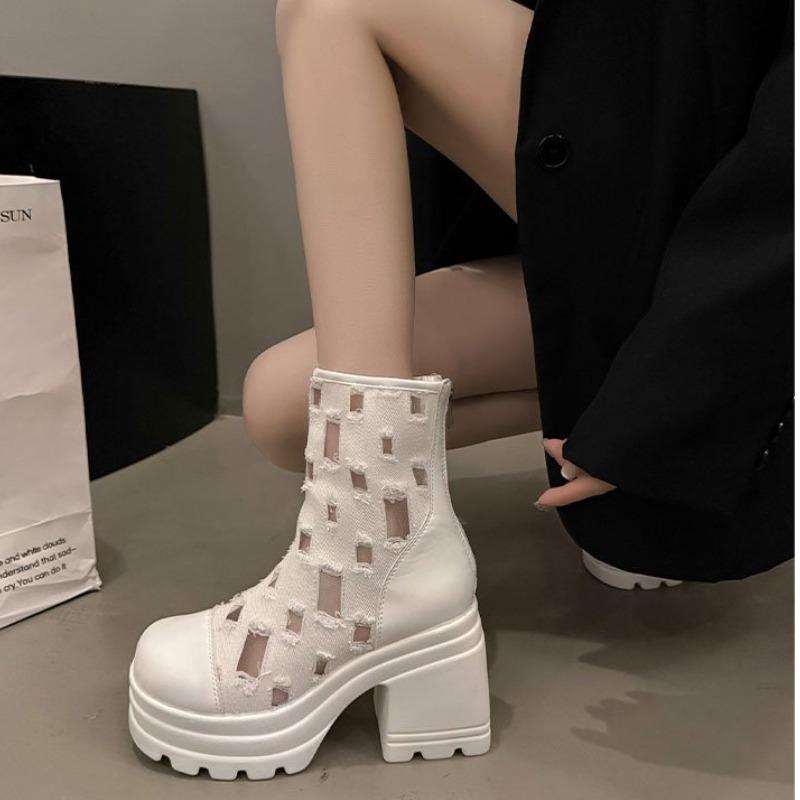 Middle Heel Zip Mesh Fabric Long Sleeved Women's Boots Shoes for Women 2025 New Fashion Summer Breathable Mature Women's Boots