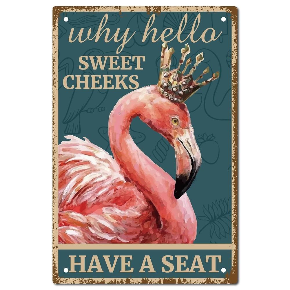 CREATCABIN 1pc 30x20cm Flamingo Vintage Metal Tin Sign - "Why Hello Sweet Cheeks" Retro Wall Art, Ideal for Halloween Decor