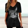 Summer V-neck 3D Cartoon Cat Printed Top Fashionable Casual Short Sleeved Women's T-shirts