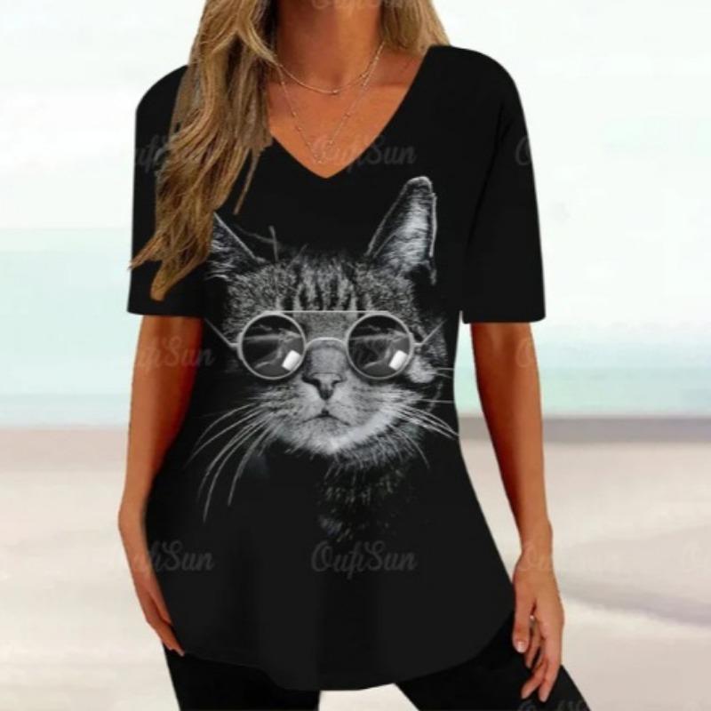 Summer V-neck 3D Cartoon Cat Printed Top Fashionable Casual Short Sleeved Women's T-shirts
