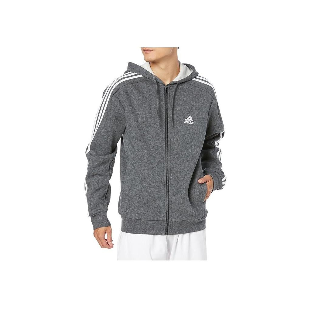adidas Essentials Fleece 3-Stripes Full-Zip Hoodie Dark Grey Heather Men Streetwear IJ6480