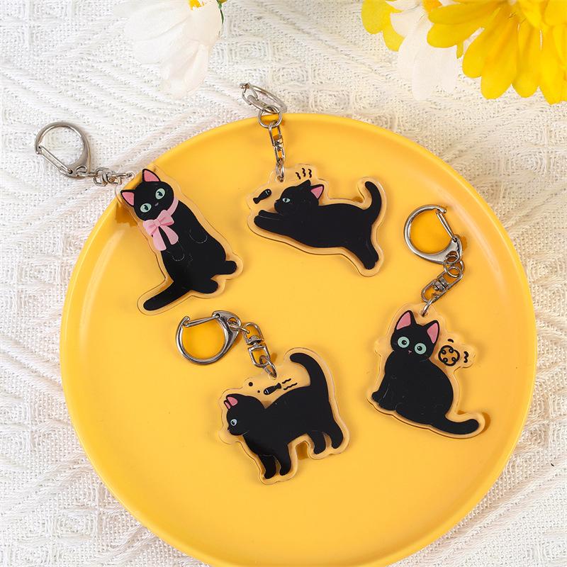 Lovely Cartoon Cat Key Chains Transparent Thick Acrylic Black Kitten Spring Clasp Keychain Pendant