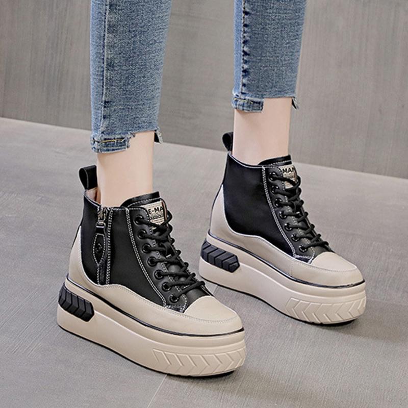 Genuine Leather Winter Shoes Women Snow Boots Flat Non-slip Warm Plush Ladies Ankle Boots Thick Sole Height Increasing 8cm