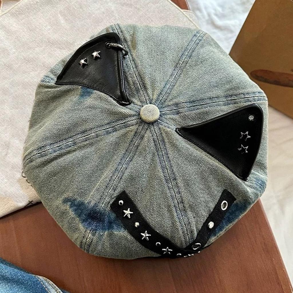 Soft Cotton Studded Cats Ear Hat Adjustable Head Size Vintage Unisex Beret For Theme Event Outfits