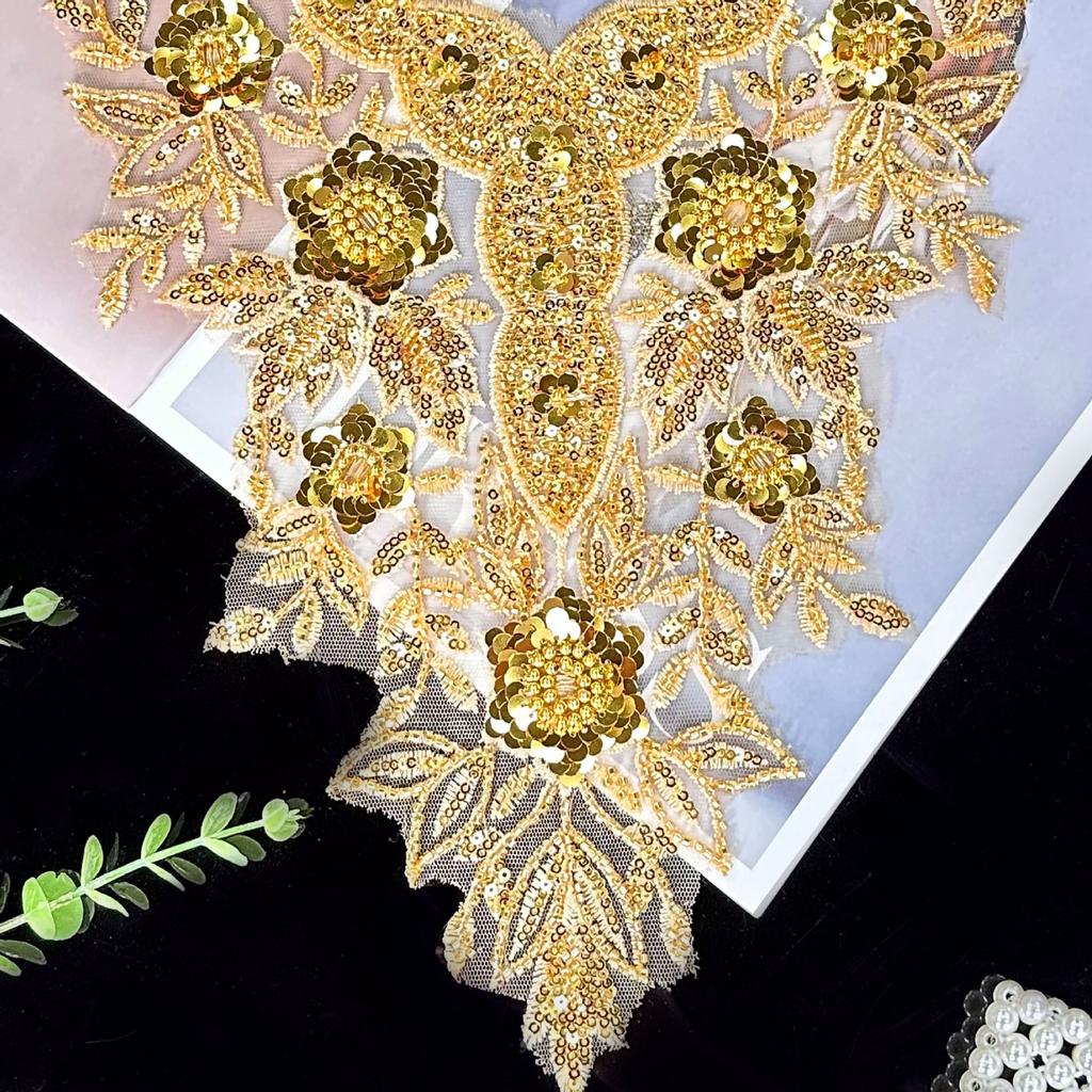 Heavy Industry Beaded Sequins Flowers Gold Clothing Patches Accessories Stage Performance Clothing Collar Decoration Cloth Stickers