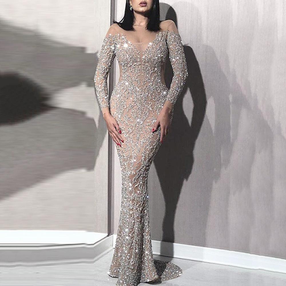 Spring New, European And American Women S Clothing Bronzing Long-Sleeved Slim-Fitting Sexy Long Dress Banquet Evening Dress S