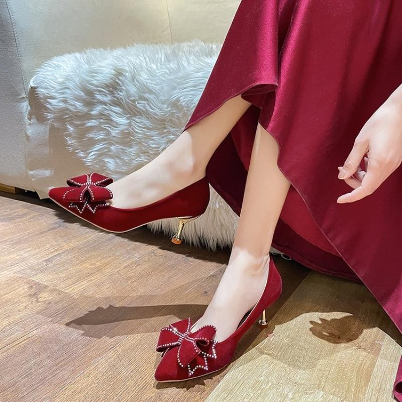 New High Heels Shallow Mouth Pointed Crystal Bow Women's Pumps Wedding Shoes Women's Bridal Shoes Wedding High Heels