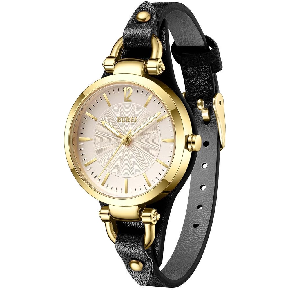 BUREI Women s Analog Quartz Watch Waterproof Leather Strap Large Dial Simple Stylish Lightweight Gold Black