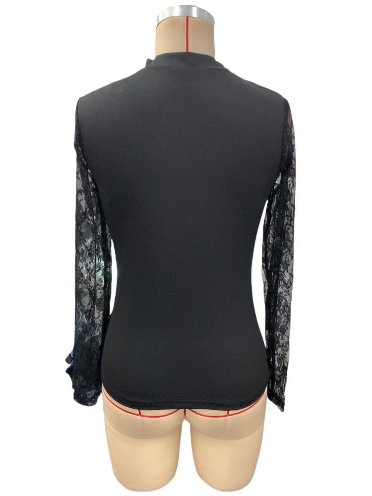 Damen Sexy Schwarze Spitze Patchwork Unregelmäßiger Ausschnitt T-Shirt Tops Vielseitige Schrank-Essentials Modeartikel Shirt