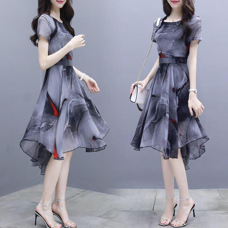 2026 Summer Women's Short Sleeve Chiffon Swallowtail Dress with Korean Print