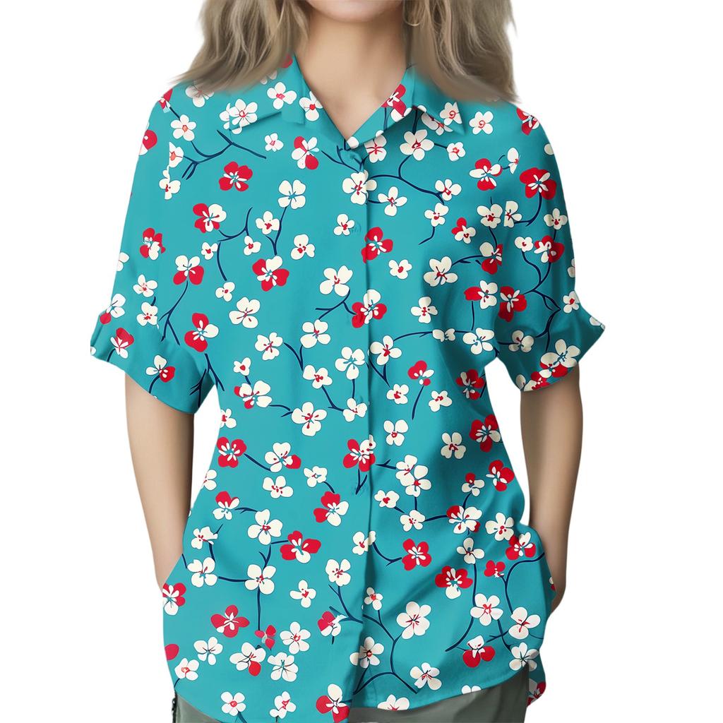 Women's Fashion Seven Sleeve Casual Lapel Back Tie Shirt Printed T-Shirt Top