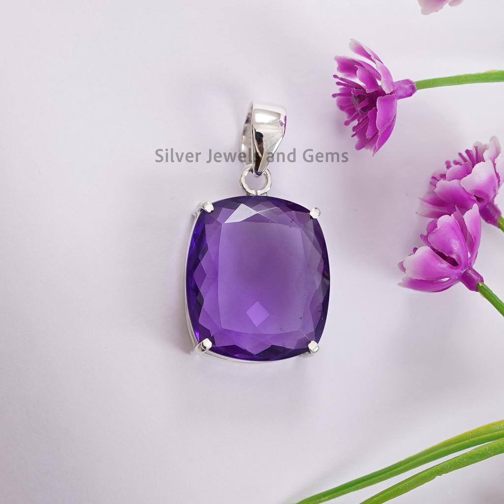 Natural Amethyst Pendant, Handmade Pendant, 925 Sterling Silver Rectangle Pendant, Anniversary Pendant, Gemstone Pendant