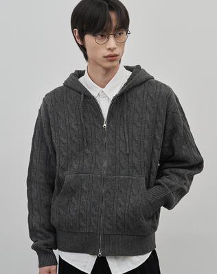 Work On Body Off Intre Semi-Overfit Cable Knitted Zip-Up Hoodie [Charcoal]
