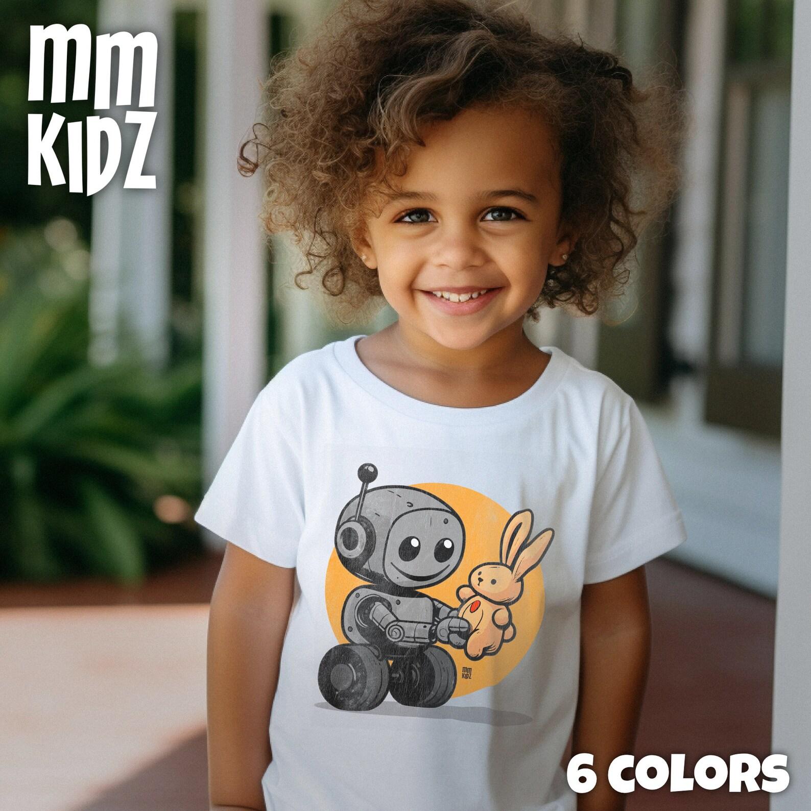 Curious Robot & Bunny T-Shirt | Playful Cartoon Robot Graphic Tee | Adorable Cartoon T Shirt | Unisex T-Shirt Gift | Kids Pajama T Shirt 140