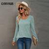 Spring and Autumn Women's Shirt Solid Color U Neck Pleated Long Sleeve T-shirt Casual Bubble Sleeve Leggings Blouse Tops