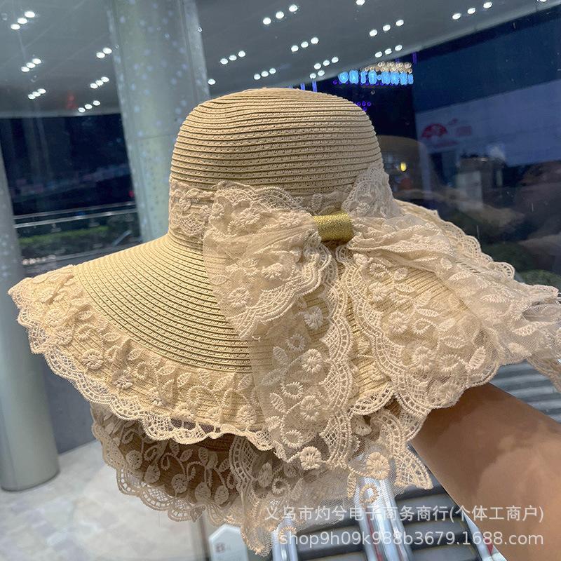 Cappello di paglia con fiocco in pizzo da donna, cappello parasole estivo per vacanze al mare, cappello parasole francese a tesa larga