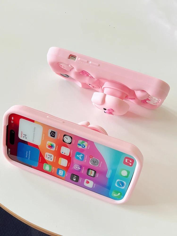 Cute Funny Pig Piggy Telescopic Bracket Case For iPhone 16 15 Pro Max 14 Plus 13 11 12 Pro Max Pink Silicone Stand Holder Cover