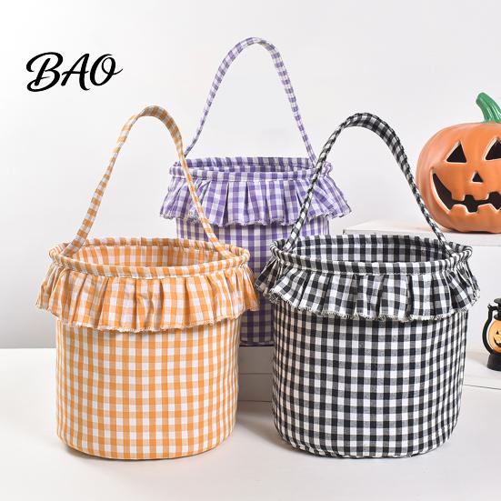 Versatile Household Storage Halloween Basket, Plaid Ruffle Trick or Treat Candy Bucket with Handle Home Organization Baskets for Kids, Reusable