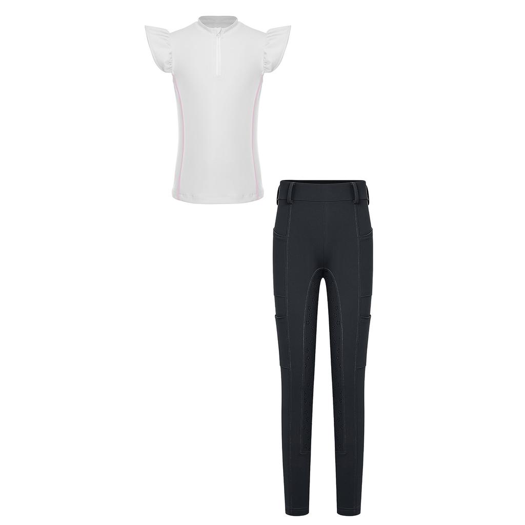 Mädchen Reitsport Reiten Reißverschluss Stehkragen Rüschenärmel Kontrastbesatz Oberteil Anti-Rutsch Vollbesatz Reithose Outfit