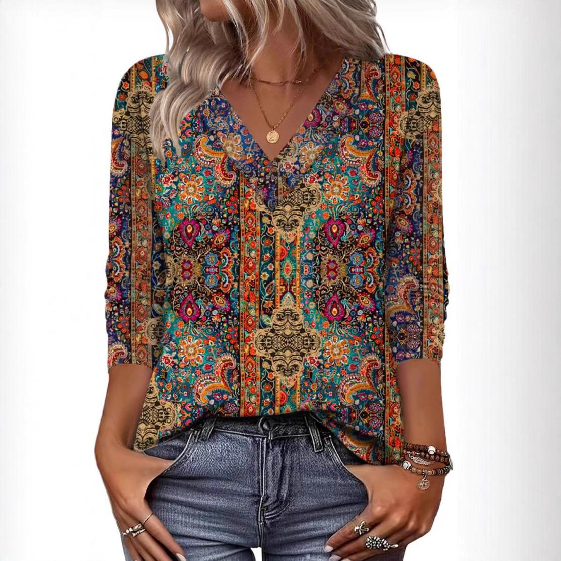

V-Neck Floral Print Long Sleeve Blouse in Multiple Colors S