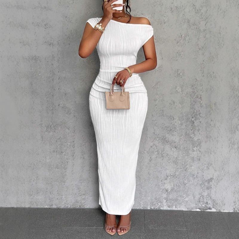 Damen Sommer Schwarz Asymmetrischer Ausschnitt Raffung an der Taille Bodycon Maxikleid