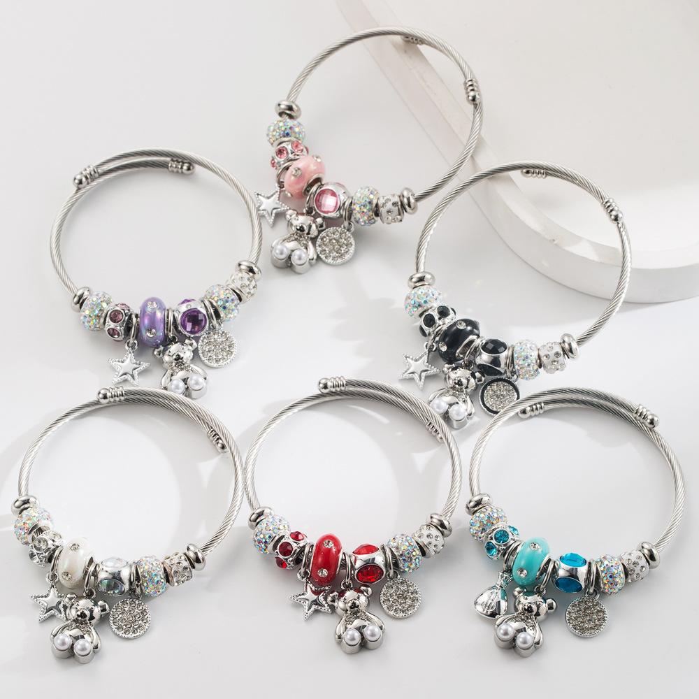 

Bear Star Round Bracelet Alloy Inlaid Adjustable Bracelet рожевий