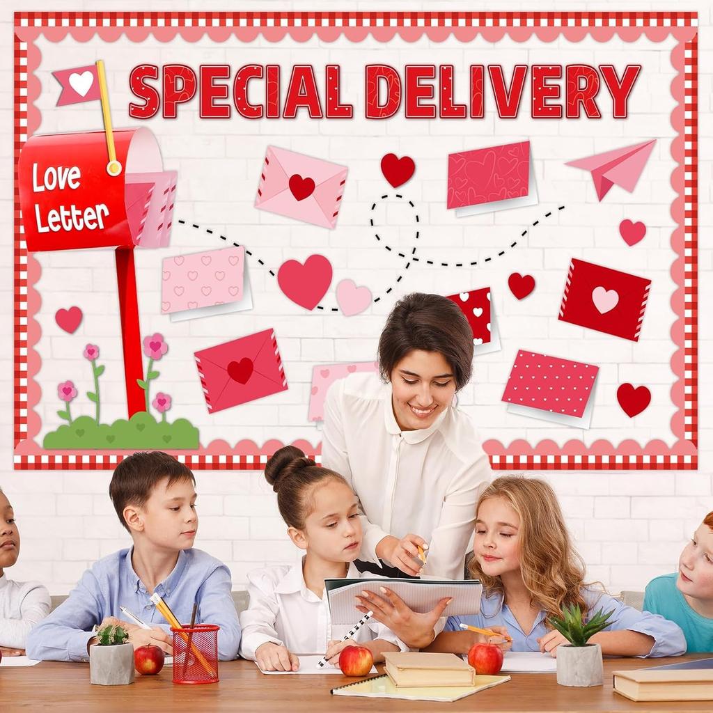 87Pcs Valentine's Day Classroom Bulletin Board Decoration Special Delivery DIY Bulletin Board Set 3D Heart Mailbox Letter Cutouts with Borders for