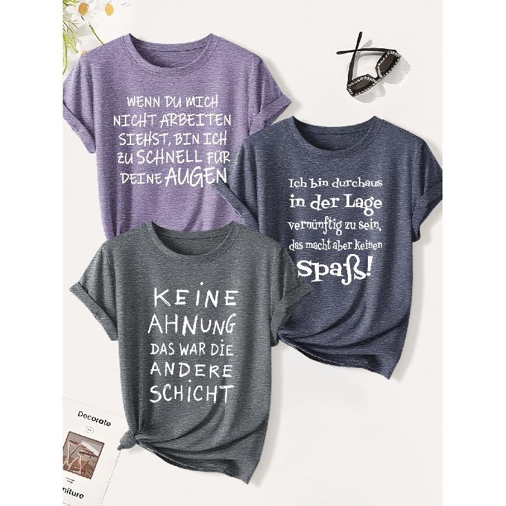 3 Pack of Women's Summer Tops | German Funny and Sarcastic Work Complaining Slogan Print T Shirt | Minimalist Style Trendy Casual Round-neck