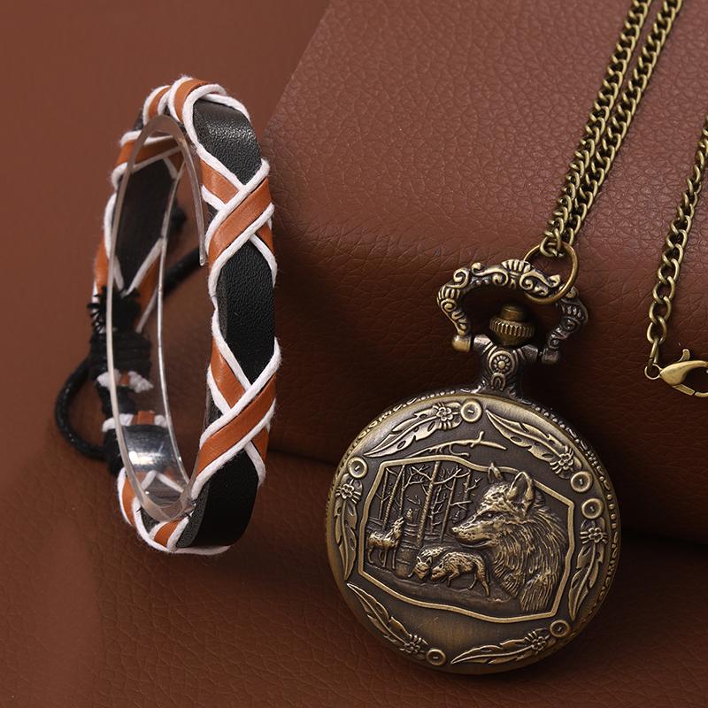 

Комплект из 2 предметов, мужские карманные часы «волк» из меди и кварца и 1 повседневный мужской браслет, идеальный выбор для подарков