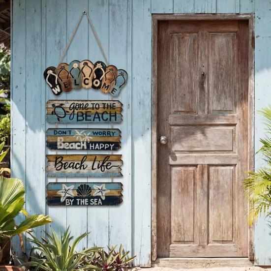 Wood Flip Flop Beach Sign, Hanging Coastal Welcome Door Sign, Vintage Rustic Farmhouse Wall Plaque for Front Door, Porch, Balcony, Summer Decor