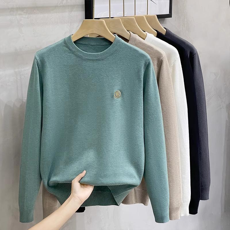 Men's Korean Style Slim Fit Round Neck Thick Knit Sweater - Warm Long Sleeve Base Layer for Spring and Autumn
