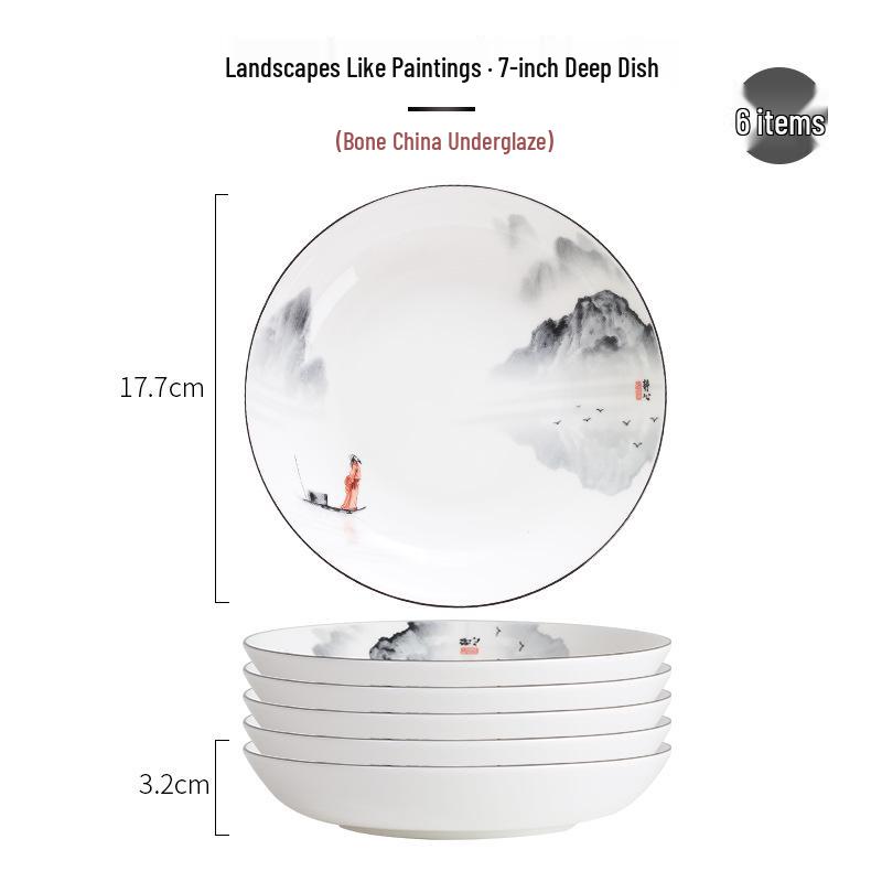 Tangshan Underglaze Ceramic Landscape Ramen Bowl Set