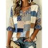 Women's Blue Beige Patchwork Floral Print Tie Neck Blouse, Casual Loose Tops for Spring Summer Daily Wear