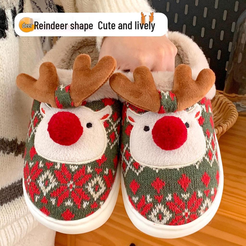 Custom Reindeer Winter Cotton Slippers - Women's & Men's Christmas Gift