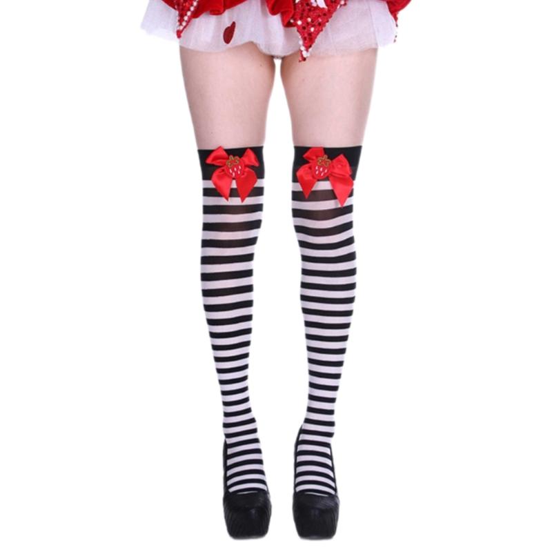 Sweet Bowknot Accent Thigh High Long Socks for Women Halloween Cosplay Parties Fishnet Striped Thigh High Stockings