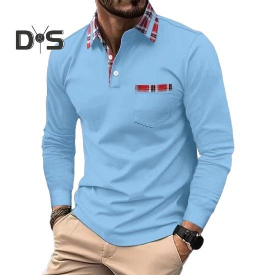 

Чоловіча весна-осінь сорочка з відкладним коміром на ґудзиках, довгі рукави, картата, принт, нагрудна кишеня, приталений, швидковисихаючий пуловер, фітнес, тренувальний топ XL небо синє кольору