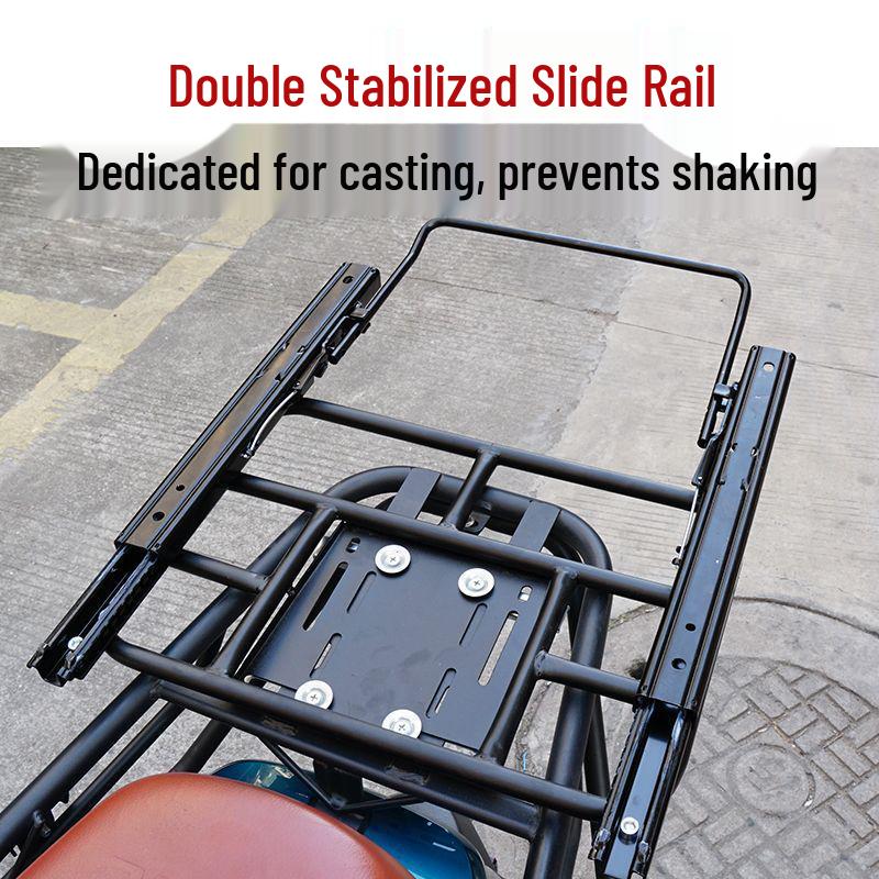 Adjustable EV Rear Rack: Motorcycle Slide Rail Cargo Bracket with Telescopic Mobile Backrest for Takeaway Box