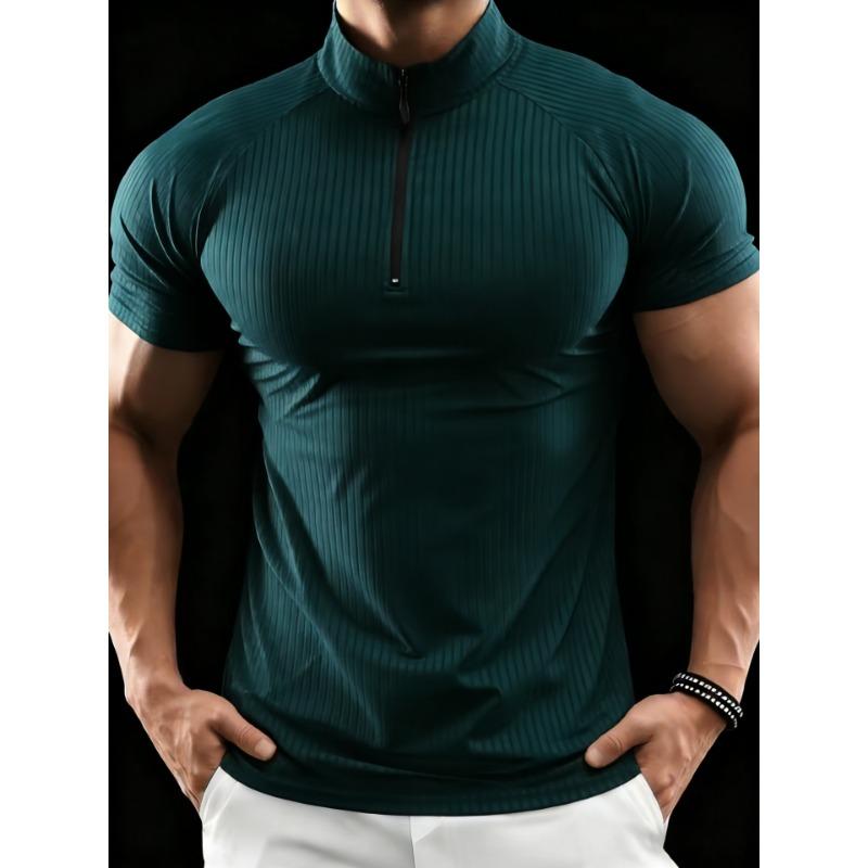Men European Size Slim Fit Summer Half Zip Short Sleeve Ribbed Polo Shirt