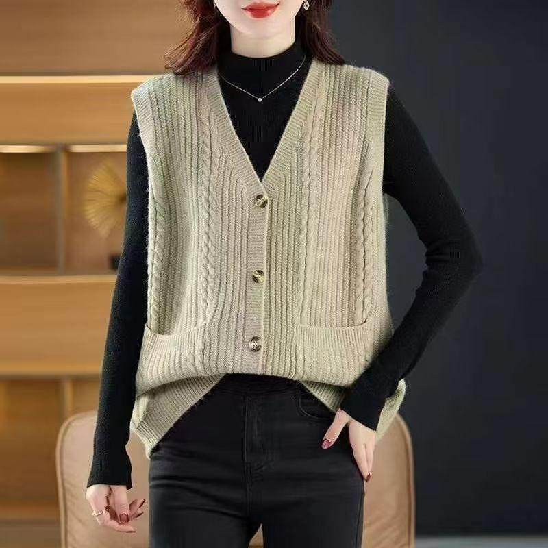 Gilet in Maglia da Donna Scollo a V Lavorazione a Treccia Colore Unito Gilet Cardigan Caldo Morbido Autunno Inverno